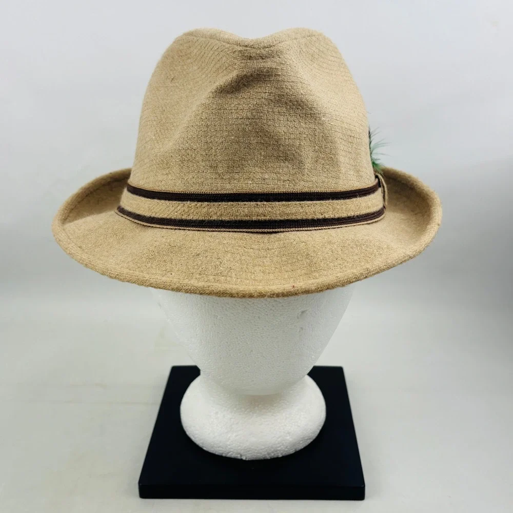 Vintage Stevens Tweed Feather Fedora Mens 7 3/8 Tan Wool USA Made